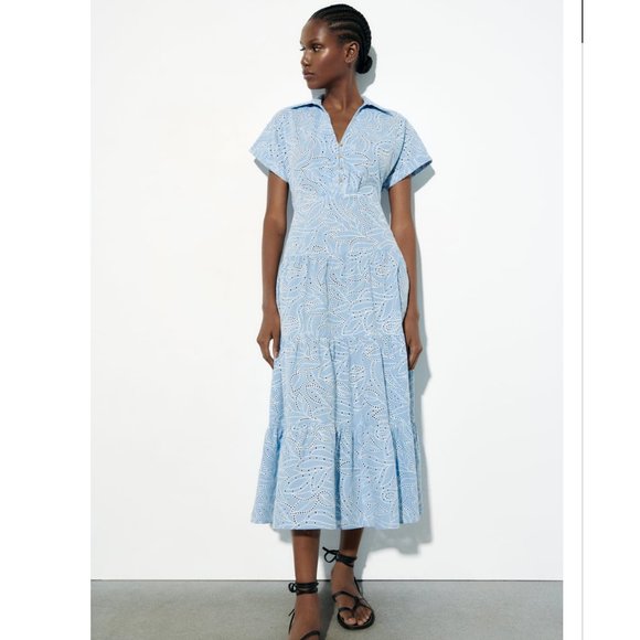 GUC - ZARA EMBROIDERED EYELET SHIRT DRESS CUTWORK EMBROIDERY BLUE WHITE M - Picture 6 of 16